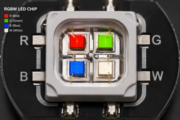 A close-up of an RGBW LED chip showing the four color diodes